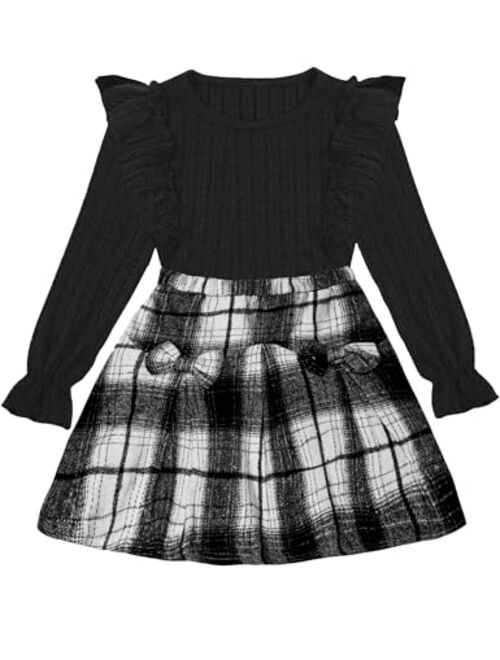 EuquixZeph Toddler Girl Clothes Fall Winter Outfits Little Girl 2Pcs Ruffle Long Sleeve Knit Sweater Shirts Plaid Skirts Set