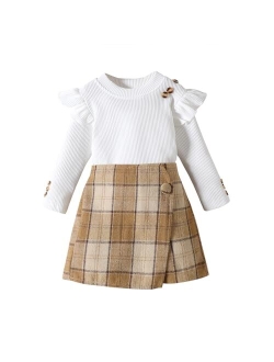 Fernvia Toddler Girl Fall Winter Clothes Ruffles Long Sleeve Shirt and Plaid Shorts Skirt Kids Little Girl 2Pcs Outfits Set