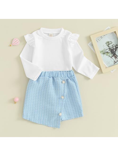 Fernvia Toddler Girl Fall Winter Clothes Ruffles Long Sleeve Shirt and Plaid Shorts Skirt Kids Little Girl 2Pcs Outfits Set