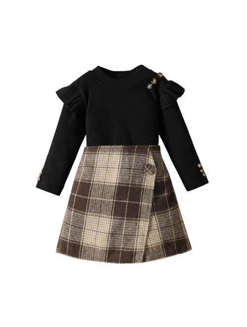 Fernvia Toddler Girl Fall Winter Clothes Ruffles Long Sleeve Shirt and Plaid Shorts Skirt Kids Little Girl 2Pcs Outfits Set