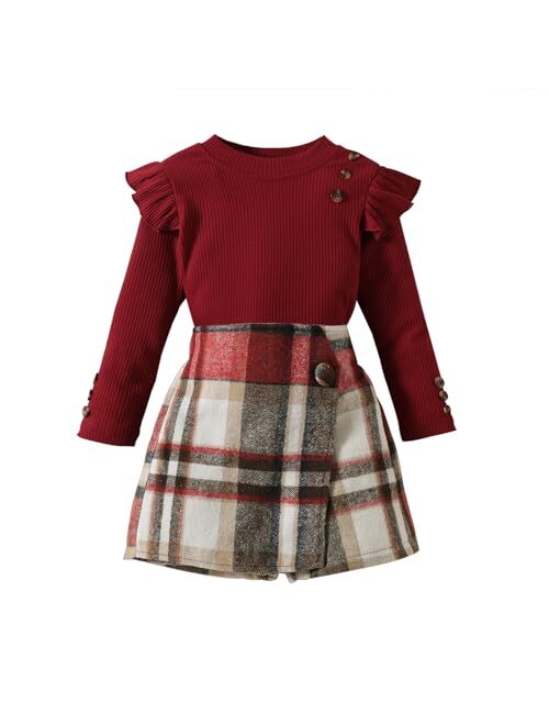 Fernvia Toddler Girl Fall Winter Clothes Ruffles Long Sleeve Shirt and Plaid Shorts Skirt Kids Little Girl 2Pcs Outfits Set