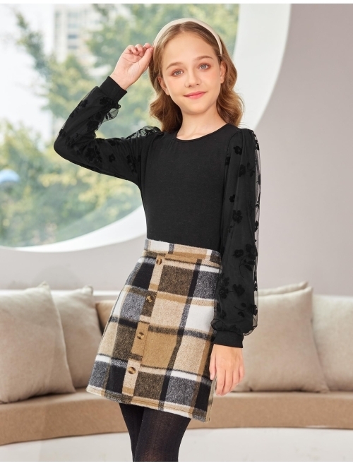 Arshiner Girl's Skirt Sets Casual Fall Outfits Corduroy Skirt and Long Sleeve Rib Knit Shirt Tops Trendy 2 Piece Clothes