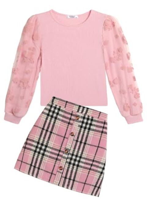 Arshiner Girl's Skirt Sets Casual Fall Outfits Corduroy Skirt and Long Sleeve Rib Knit Shirt Tops Trendy 2 Piece Clothes