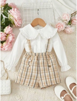 Baby Girls' Elegant Doll Collar Checked Straps Shorts Set With Ruffle Trimmed Long Sleeve Blouse