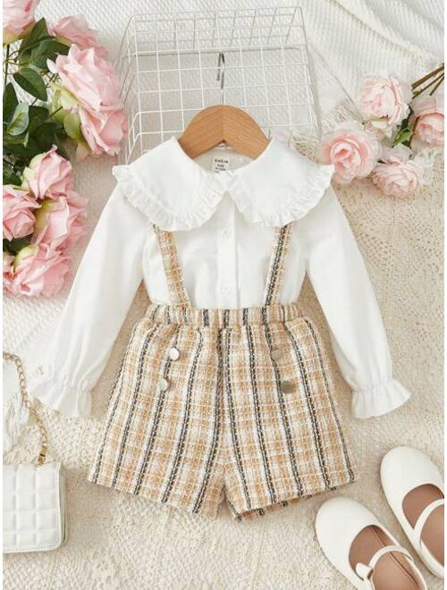 SHEIN Baby Girls' Elegant Doll Collar Checked Straps Shorts Set With Ruffle Trimmed Long Sleeve Blouse