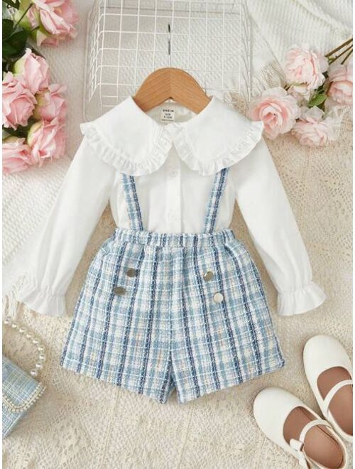 SHEIN Baby Girls' Elegant Doll Collar Checked Straps Shorts Set With Ruffle Trimmed Long Sleeve Blouse