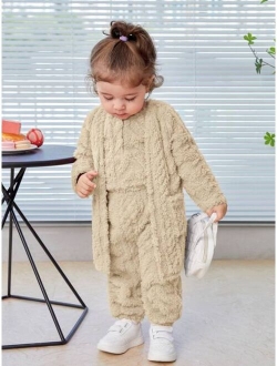 Baby Girl Solid Teddy Coat & Pants & Vest