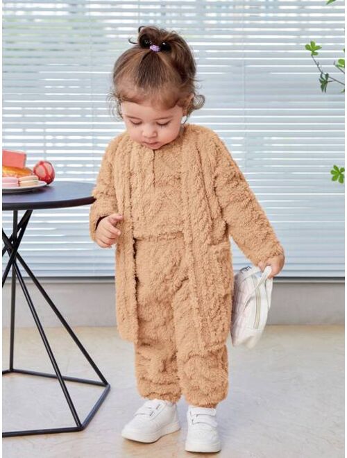 SHEIN Baby Girl Solid Teddy Coat & Pants & Vest