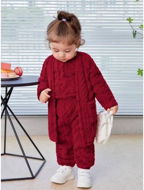 SHEIN Baby Girl Solid Teddy Coat & Pants & Vest