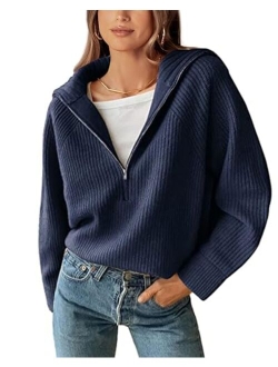 BTFBM Womens Casual Long Sleeve Half Zip Pullover Sweaters Solid V Neck Collar Ribbed Knitted Loose Slouchy Jumper Tops