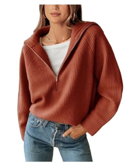 BTFBM Womens Casual Long Sleeve Half Zip Pullover Sweaters Solid V Neck Collar Ribbed Knitted Loose Slouchy Jumper Tops