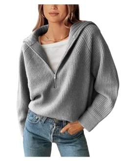 BTFBM Womens Casual Long Sleeve Half Zip Pullover Sweaters Solid V Neck Collar Ribbed Knitted Loose Slouchy Jumper Tops