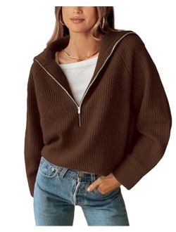 BTFBM Womens Casual Long Sleeve Half Zip Pullover Sweaters Solid V Neck Collar Ribbed Knitted Loose Slouchy Jumper Tops