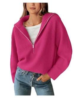 BTFBM Womens Casual Long Sleeve Half Zip Pullover Sweaters Solid V Neck Collar Ribbed Knitted Loose Slouchy Jumper Tops