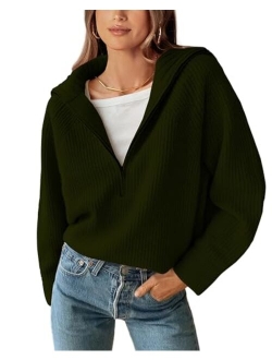 BTFBM Womens Casual Long Sleeve Half Zip Pullover Sweaters Solid V Neck Collar Ribbed Knitted Loose Slouchy Jumper Tops