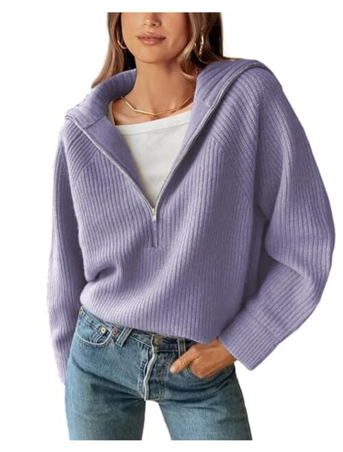 BTFBM Womens Casual Long Sleeve Half Zip Pullover Sweaters Solid V Neck Collar Ribbed Knitted Loose Slouchy Jumper Tops