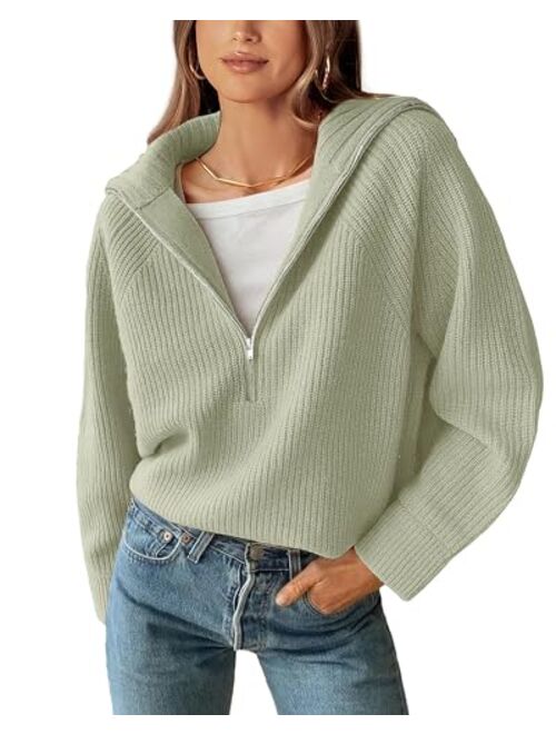 BTFBM Womens Casual Long Sleeve Half Zip Pullover Sweaters Solid V Neck Collar Ribbed Knitted Loose Slouchy Jumper Tops