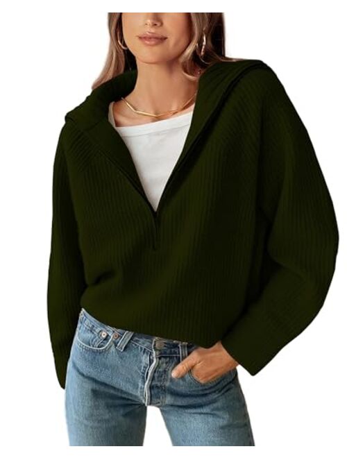 BTFBM Womens Casual Long Sleeve Half Zip Pullover Sweaters Solid V Neck Collar Ribbed Knitted Loose Slouchy Jumper Tops