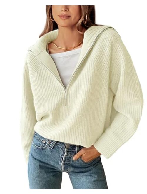 BTFBM Womens Casual Long Sleeve Half Zip Pullover Sweaters Solid V Neck Collar Ribbed Knitted Loose Slouchy Jumper Tops