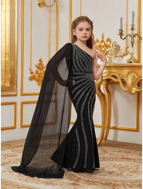 Girl's Cape Sleeve Rhinestone Decorated Mermaid Hem Party Dress, For Teens