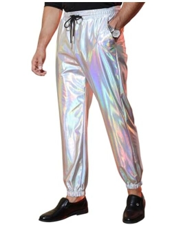 TURETRENDY Mens Metallic Shiny Disco Pants Drawstring Waist Party Nightclub Dance Rave Cosplay Tapered Trousers with Pockets