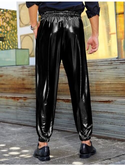 TURETRENDY Mens Metallic Shiny Disco Pants Drawstring Waist Party Nightclub Dance Rave Cosplay Tapered Trousers with Pockets