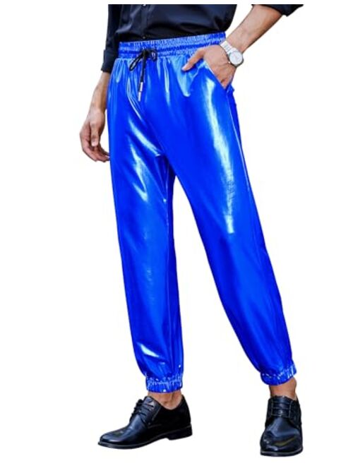 TURETRENDY Mens Metallic Shiny Disco Pants Drawstring Waist Party Nightclub Dance Rave Cosplay Tapered Trousers with Pockets