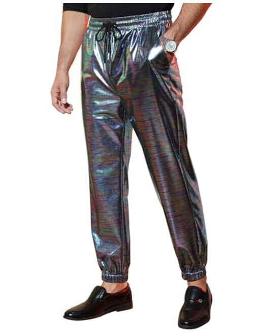 TURETRENDY Mens Metallic Shiny Disco Pants Drawstring Waist Party Nightclub Dance Rave Cosplay Tapered Trousers with Pockets