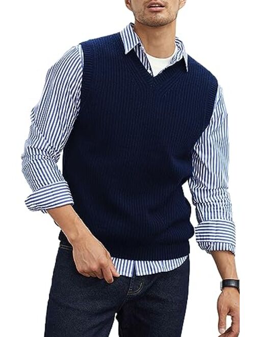 Zhilifs Mens V-Neck Knitted Sweater Vest Sleeveless Pullover Knitwear Loose Fit Sweater Tops