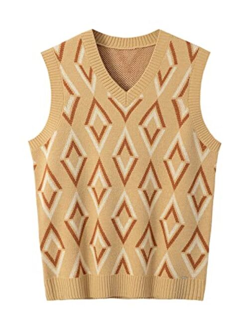 Zhilifs Mens V-Neck Knitted Sweater Vest Sleeveless Pullover Knitwear Loose Fit Sweater Tops