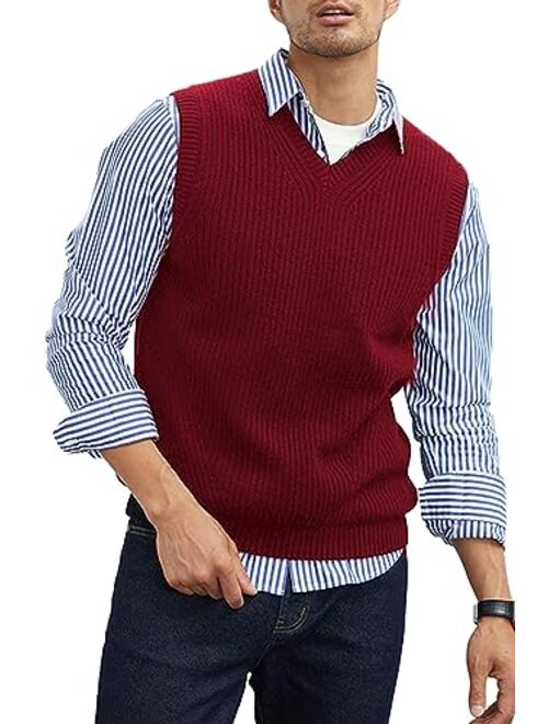 Zhilifs Mens V-Neck Knitted Sweater Vest Sleeveless Pullover Knitwear Loose Fit Sweater Tops