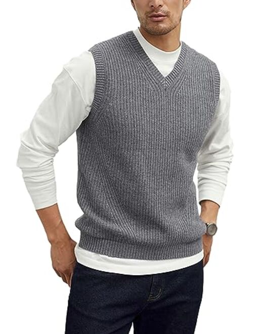 Zhilifs Mens V-Neck Knitted Sweater Vest Sleeveless Pullover Knitwear Loose Fit Sweater Tops