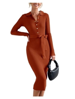 BTFBM 2023 Women V Neck Long Sleeve Bodycon Sweater Dress Button Up Tie Waist Ribbed Knit Midi Pencil Dresses with Belt
