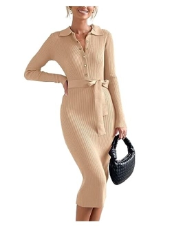 BTFBM 2023 Women V Neck Long Sleeve Bodycon Sweater Dress Button Up Tie Waist Ribbed Knit Midi Pencil Dresses with Belt