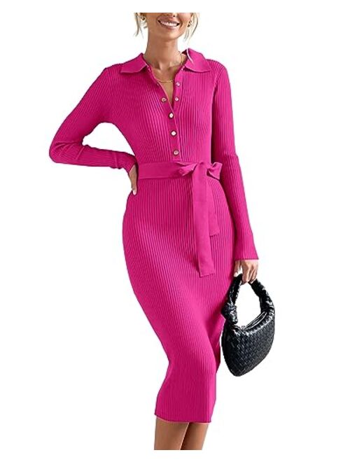 BTFBM 2023 Women V Neck Long Sleeve Bodycon Sweater Dress Button Up Tie Waist Ribbed Knit Midi Pencil Dresses with Belt