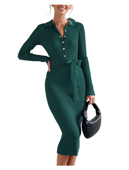 BTFBM 2023 Women V Neck Long Sleeve Bodycon Sweater Dress Button Up Tie Waist Ribbed Knit Midi Pencil Dresses with Belt