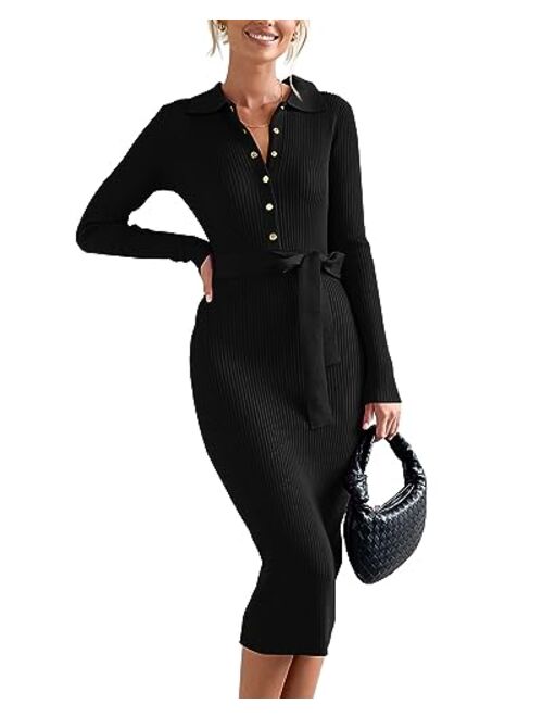 BTFBM 2023 Women V Neck Long Sleeve Bodycon Sweater Dress Button Up Tie Waist Ribbed Knit Midi Pencil Dresses with Belt