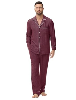 Veseacky Men's Cotton Pajama Lightweight Long Sleeve Button Down Soft Sleepwear for Men with Pockets