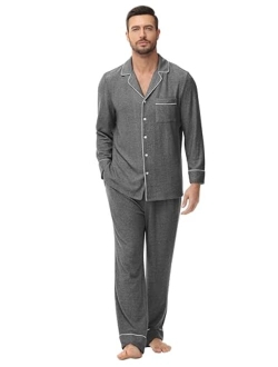 Veseacky Men's Cotton Pajama Lightweight Long Sleeve Button Down Soft Sleepwear for Men with Pockets