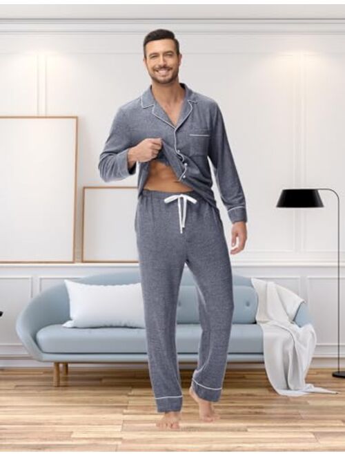 Veseacky Men's Cotton Pajama Lightweight Long Sleeve Button Down Soft Sleepwear for Men with Pockets