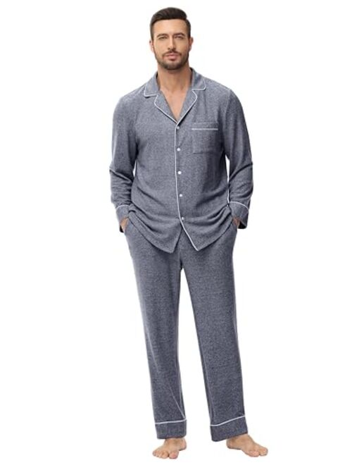 Veseacky Men's Cotton Pajama Lightweight Long Sleeve Button Down Soft Sleepwear for Men with Pockets