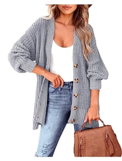 MASCOMODA Women's Long Sleeve Oversized Cable Knit Sweater Cardigan 2023 Fall Open Front Button Down Chunky Knit Outwear Coat