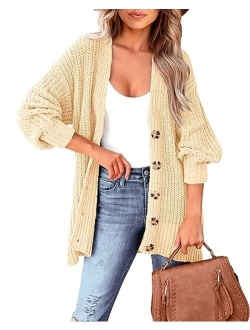 MASCOMODA Women's Long Sleeve Oversized Cable Knit Sweater Cardigan 2023 Fall Open Front Button Down Chunky Knit Outwear Coat