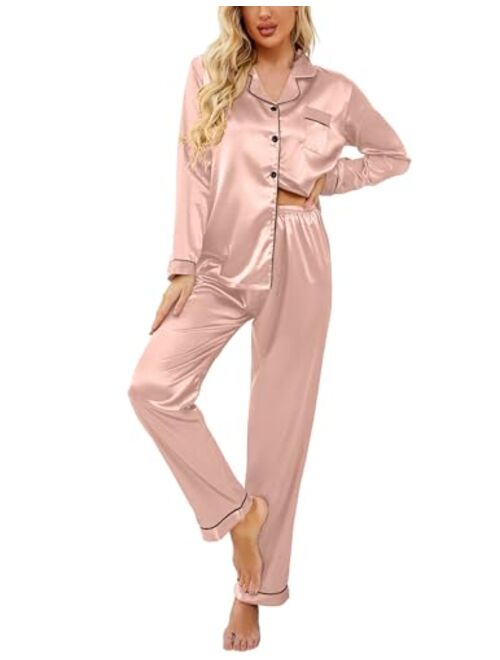 Ekouaer Women's Classic Button Down Long Satin Silk Pajama Set