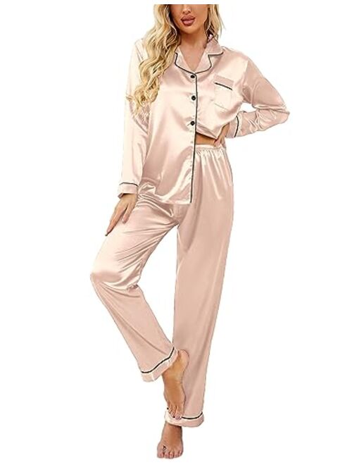 Ekouaer Women's Classic Button Down Long Satin Silk Pajama Set