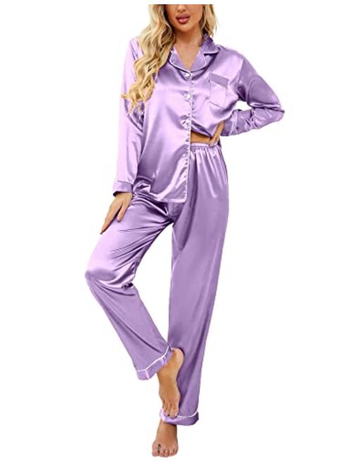 Ekouaer Women's Classic Button Down Long Satin Silk Pajama Set