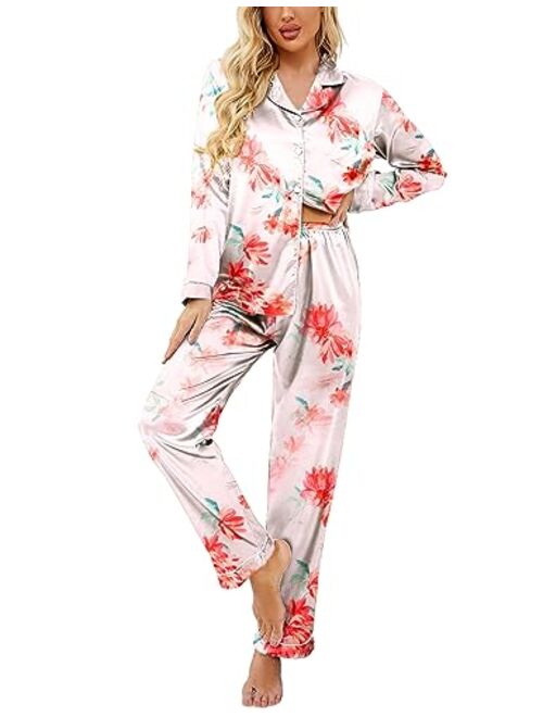 Ekouaer Women's Classic Button Down Long Satin Silk Pajama Set