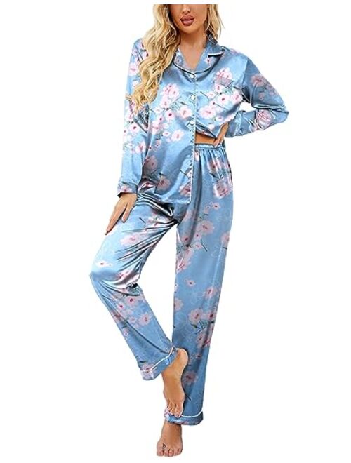 Ekouaer Women's Classic Button Down Long Satin Silk Pajama Set