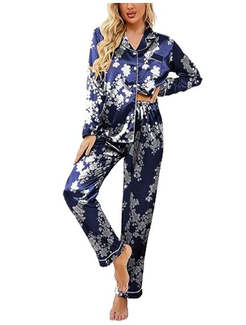 Ekouaer Women's Classic Button Down Long Satin Silk Pajama Set