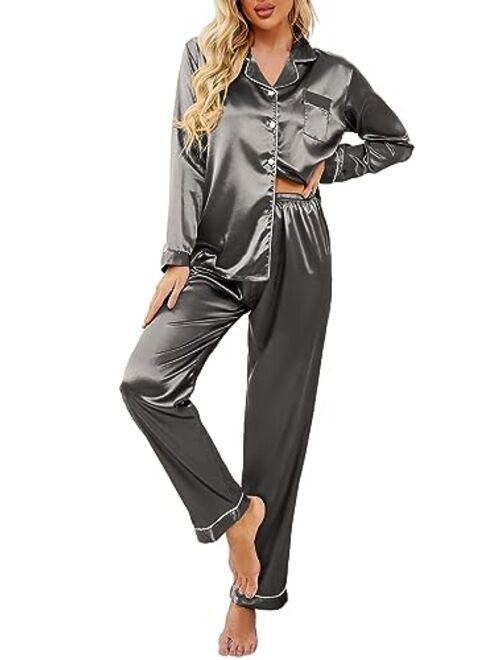 Ekouaer Women's Classic Button Down Long Satin Silk Pajama Set